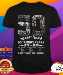 Good Motorhead 50th Anniversary 1975-2025 T-Shirt featuring 'Thank You For The Memories' design celebrating the iconic band.