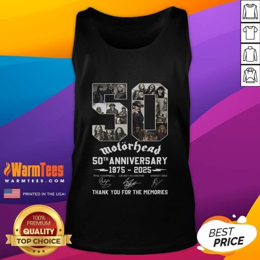 Good Motorhead 50th Anniversary 1975-2025 tank top celebrating iconic rock band with 'Thank You For The Memories' design.