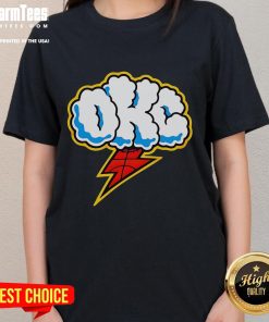 Alt Text: Good Oklahoma City Thunder ladies tee featuring a cloudy sky and lightning design, perfect for fans.