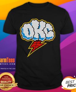 Good OKC Cloudy and Lightning Oklahoma City Thunder T-Shirt featuring vibrant graphics and team colors.