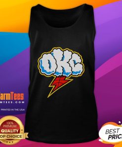 Good Oklahoma City Thunder tank top featuring a cloudy sky and lightning, perfect for fans of the NBA team.