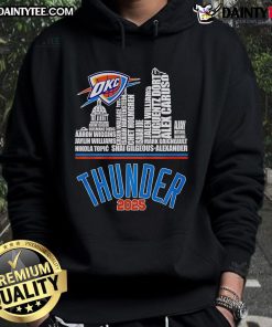 Alt Text: Oklahoma City Thunder 2025 hoodie featuring logo and player names, showcasing team spirit and style.