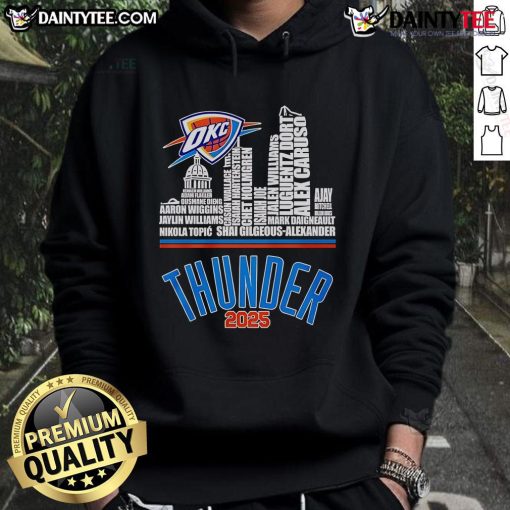 Alt Text: Oklahoma City Thunder 2025 hoodie featuring logo and player names, showcasing team spirit and style.