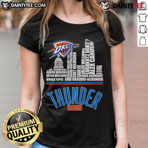 2025 Oklahoma City Thunder logo tee featuring players' names for ladies, showcasing team spirit and style.