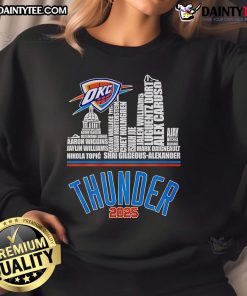 Oklahoma City Thunder sweatshirt 2025 featuring logo and player names, perfect for fans of the NBA team.