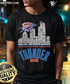 Oklahoma City Thunder logo t-shirt featuring player name, perfect for fans in 2025. Stylish and comfortable sportswear.