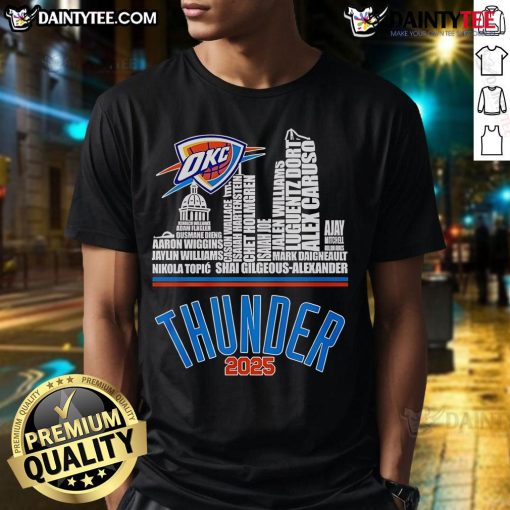 Oklahoma City Thunder logo t-shirt featuring player name, perfect for fans in 2025. Stylish and comfortable sportswear.