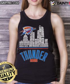 Alt Text: Oklahoma City Thunder logo tank top featuring player names, perfect for fans in 2025. Stylish and sporty design.