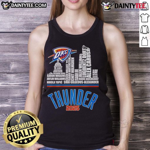Alt Text: Oklahoma City Thunder logo tank top featuring player names, perfect for fans in 2025. Stylish and sporty design.