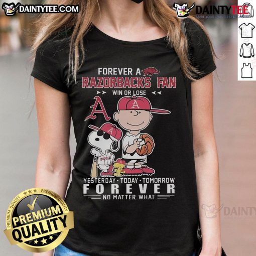 Good Peanuts characters tee for Arkansas Razorbacks fans, celebrating loyalty win or lose, perfect for ladies.