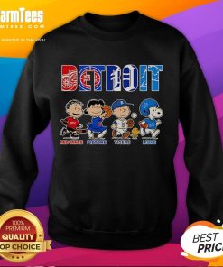Good Peanuts sweatshirt featuring Detroit Red Wings, Pistons, Tigers, and Lions logos for sports fans.