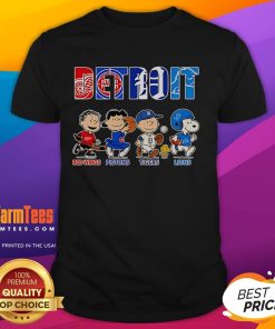 Good Peanuts Detroit sports T-shirt featuring Red Wings, Pistons, Tigers, and Lions logos for fans of all teams.