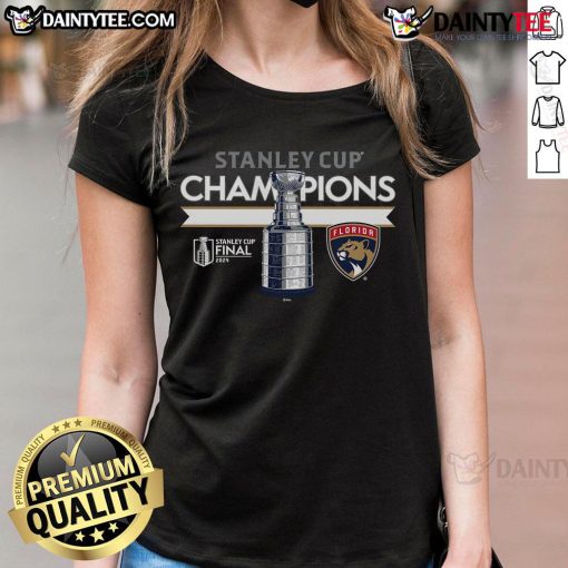 Good Preschool Florida Panthers Fanatics Ladies Tee celebrating 2024 Stanley Cup Champions in heather charcoal color.