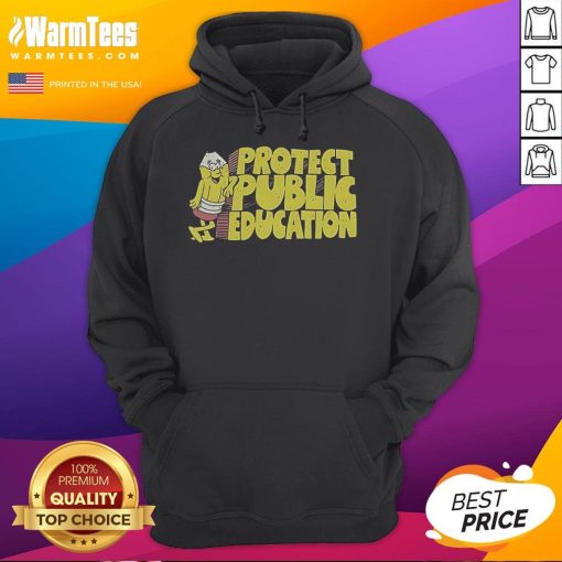 Person wearing a 'Good Public Education Rocks' hoodie, promoting support for quality education and community engagement.