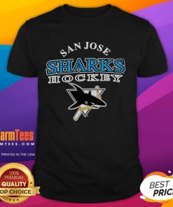 Vintage 90s San Jose Sharks hockey t-shirt featuring bold graphics and classic team colors, perfect for fans.