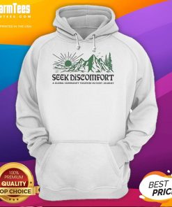 Good Seek Discomfort global community hoodie on display against a scenic mountain backdrop, perfect for outdoor adventures.