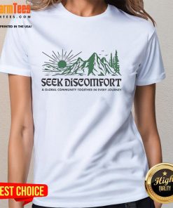 Alt Text: Good Seek Discomfort tee featuring a mountain trail design, perfect for ladies who embrace adventure and community.