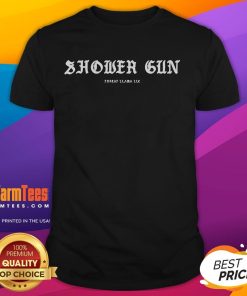 Good Shower Gun Threat Llama T-Shirt featuring a fun llama graphic with shower and gun elements, perfect for quirky fashion.