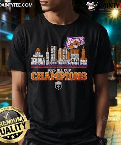 Buffalo Bandits T-Shirt celebrating 2025 NLL Cup Champions with a vibrant skyline design.