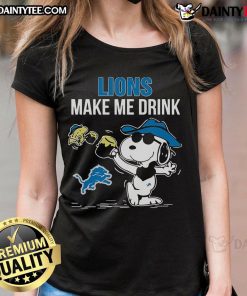 Good Snoopy and Woodstock Detroit Lions Make Me Drink ladies tee featuring fun cartoon graphic and vibrant colors.