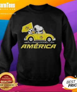 Good Snoopy and Woodstock driving a car on an America-themed sweatshirt, perfect for fans of Peanuts.