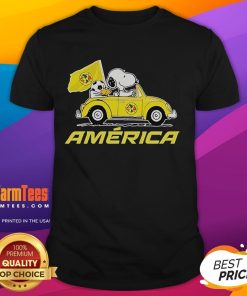 Alt Text: Good Snoopy and Woodstock driving a car on a fun fan Amrica T-shirt, perfect for Peanuts lovers and casual wear.