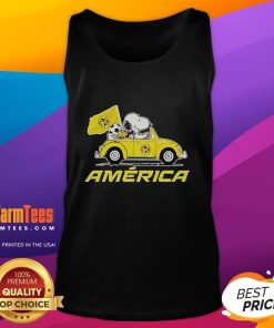 Good Snoopy and Woodstock driving a car on a tank top, perfect for American fans of Peanuts and cartoon style.