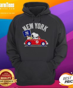 Snoopy and Woodstock driving a car, wearing a New York Yankees hoodie, showcasing fun cartoon characters.