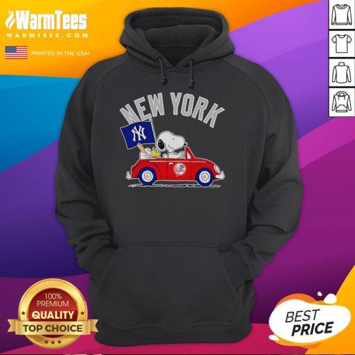 Snoopy and Woodstock driving a car, wearing a New York Yankees hoodie, showcasing fun cartoon characters.