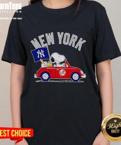 Alt Text: Good Snoopy and Woodstock driving a car on a New York Yankees ladies tee, perfect for fans and casual wear.