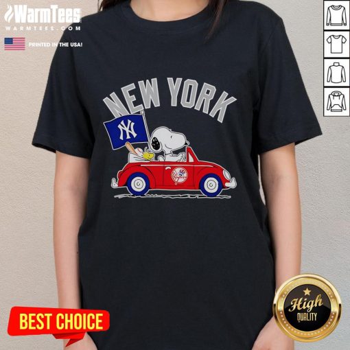 Alt Text: Good Snoopy and Woodstock driving a car on a New York Yankees ladies tee, perfect for fans and casual wear.