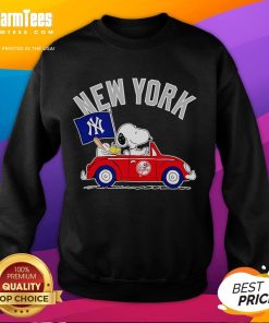 Alt Text: Snoopy and Woodstock driving a car, wearing New York Yankees sweatshirt, showcasing fun cartoon style.