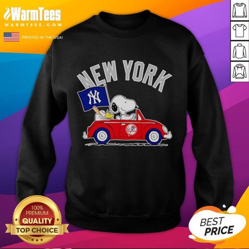 Alt Text: Snoopy and Woodstock driving a car, wearing New York Yankees sweatshirt, showcasing fun cartoon style.