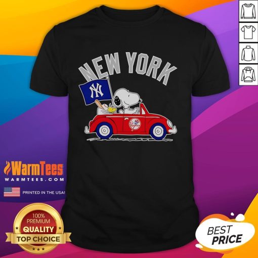 Alt Text: Good Snoopy and Woodstock driving a car on New York Yankees T-Shirt, showcasing playful cartoon design.