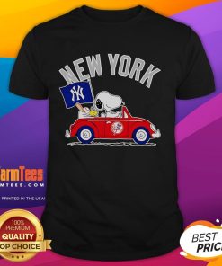 Alt Text: Good Snoopy and Woodstock driving a car on New York Yankees T-Shirt, showcasing playful cartoon design.