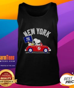 Good Snoopy and Woodstock driving a car in a New York Yankees tank top, showcasing fun cartoon style and sports spirit.