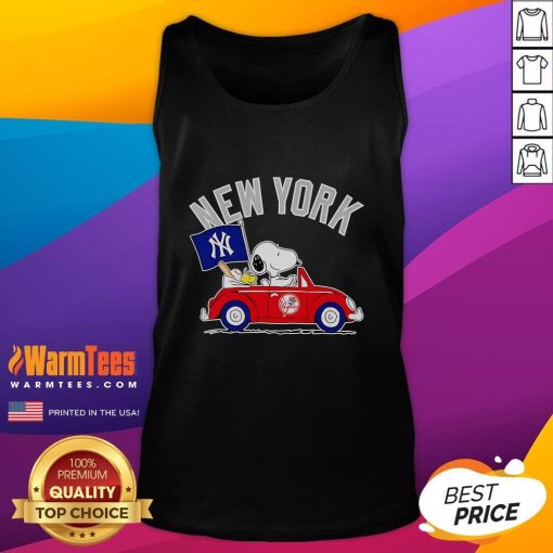 Good Snoopy and Woodstock driving a car in a New York Yankees tank top, showcasing fun cartoon style and sports spirit.