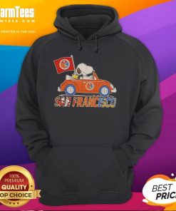 Good Snoopy and Woodstock driving a car in San Francisco, wearing a stylish team hoodie, perfect for fans and collectors.