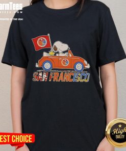 Alt Text: Good Snoopy and Woodstock driving a car in San Francisco on a ladies tee, perfect for Peanuts fans and casual wear.