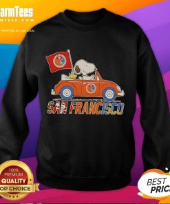 Good Snoopy and Woodstock driving a car in San Francisco on a cozy team sweatshirt for fans of Peanuts.