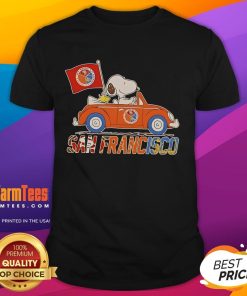 Good Snoopy and Woodstock driving a car on a San Francisco Team T-Shirt, perfect for Peanuts fans and collectors.