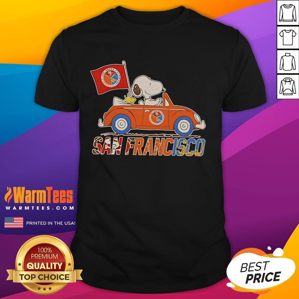 Good Snoopy And Woodstock Driving Car San Francisco Team T Shirt Good Snoopy and Woodstock driving a car on a San Francisco Team T-Shirt, perfect for Peanuts fans and collectors.