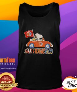 Alt Text: Snoopy and Woodstock driving a car in San Francisco, wearing a fun Team tank top, showcasing playful cartoon style.