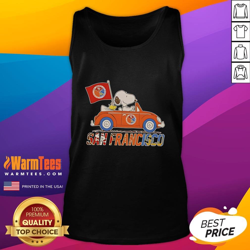 Good Snoopy And Woodstock Driving Car San Francisco Team Tank Top Alt Text: Snoopy and Woodstock driving a car in San Francisco, wearing a fun Team tank top, showcasing playful cartoon style.