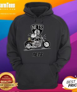 Snoopy and Woodstock riding a motorbike, wearing a Brooklyn Nets hoodie, showcasing fun and team spirit in style.