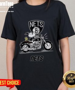 Alt Text: Snoopy and Woodstock driving a motorbike on Brooklyn Nets ladies tee, perfect for fans and stylish comfort.