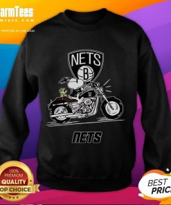 Alt Text: Good Snoopy and Woodstock driving a motorbike, featuring Brooklyn Nets sweatshirt design in vibrant colors.