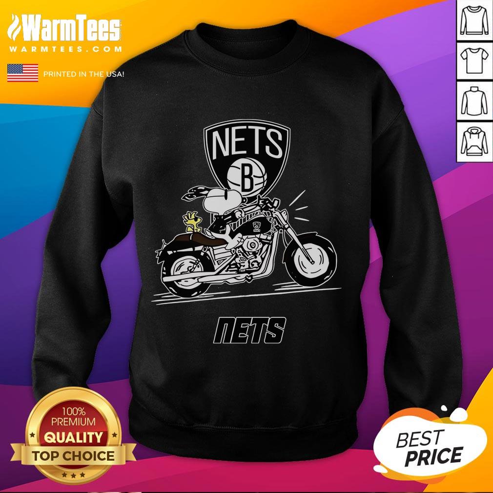 Good Snoopy And Woodstock Driving Motorbike Brooklyn Nets Sweatshirt Alt Text: Good Snoopy and Woodstock driving a motorbike, featuring Brooklyn Nets sweatshirt design in vibrant colors.