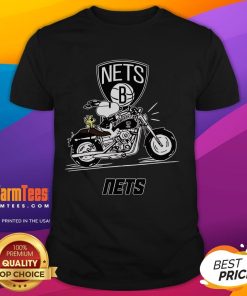 Alt Text: Good Snoopy and Woodstock riding a motorbike on a Brooklyn Nets T-shirt, showcasing vibrant colors and playful design.
