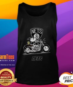 Alt Text: Snoopy and Woodstock joyfully riding a motorbike in a Brooklyn Nets tank top, showcasing vibrant cartoon style.
